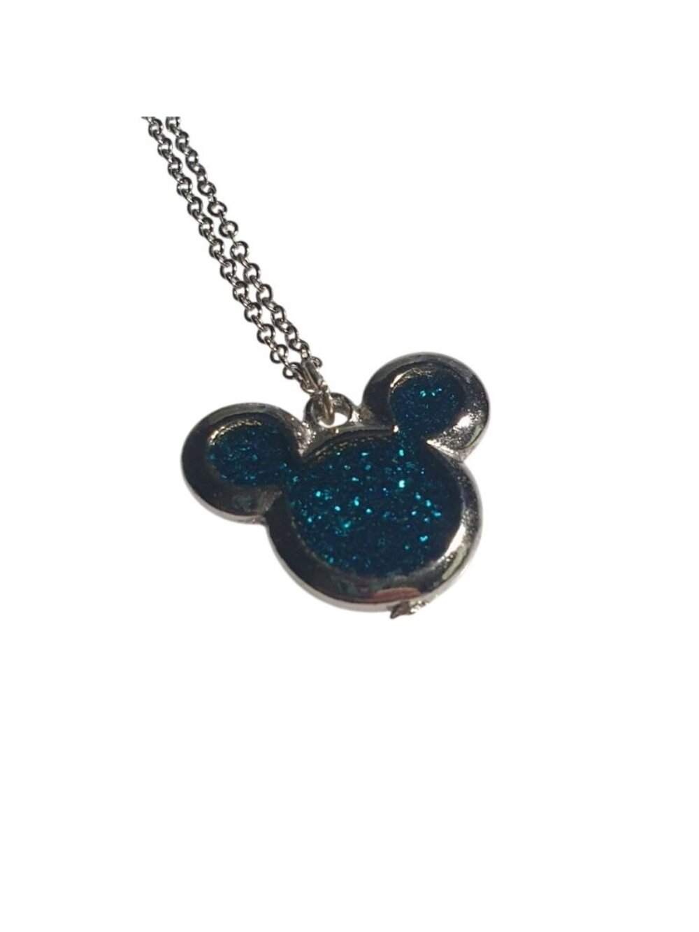 Disney Mickey Pendant Necklace Silver Tone Chain Teal Glitter Adults Kids Gift